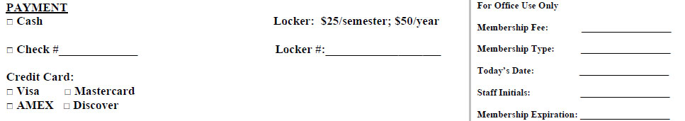 Payment details to be filled in by fitness center staff at time of in-person sign-up